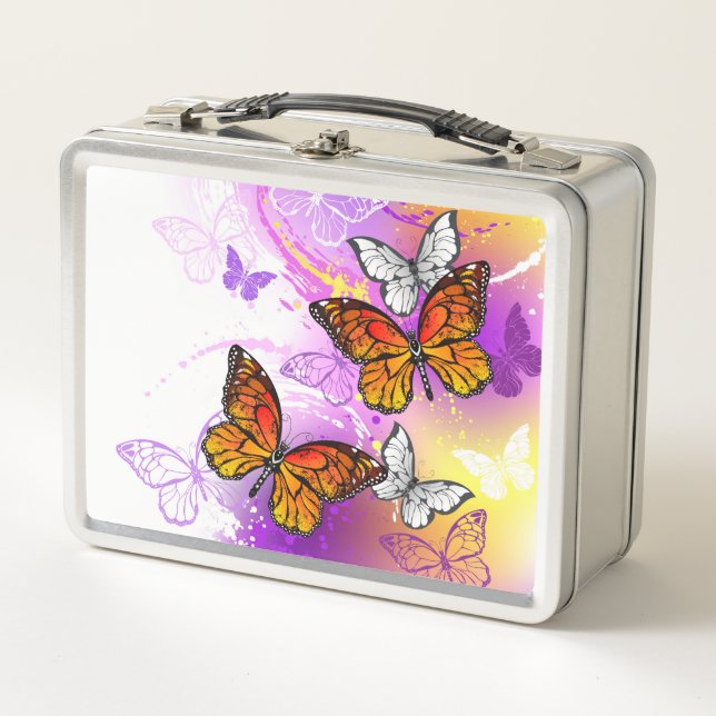 Monarch Butterflies on Purple Background Metal Lunch Box (Front)