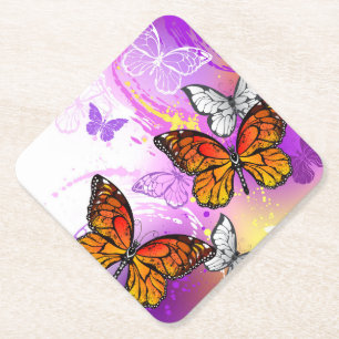 Monarch Butterflies on Purple Background Paper Coaster