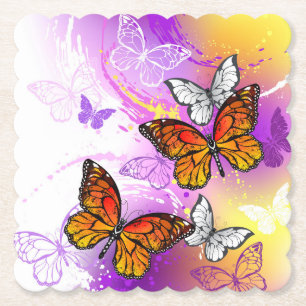 Monarch Butterflies on Purple Background Paper Coaster