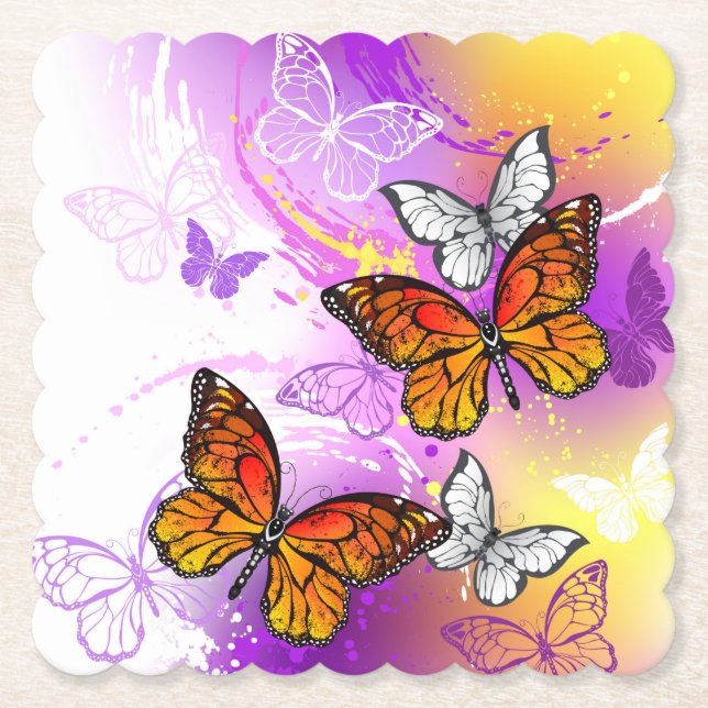 Monarch Butterflies on Purple Background Paper Coaster (Front)