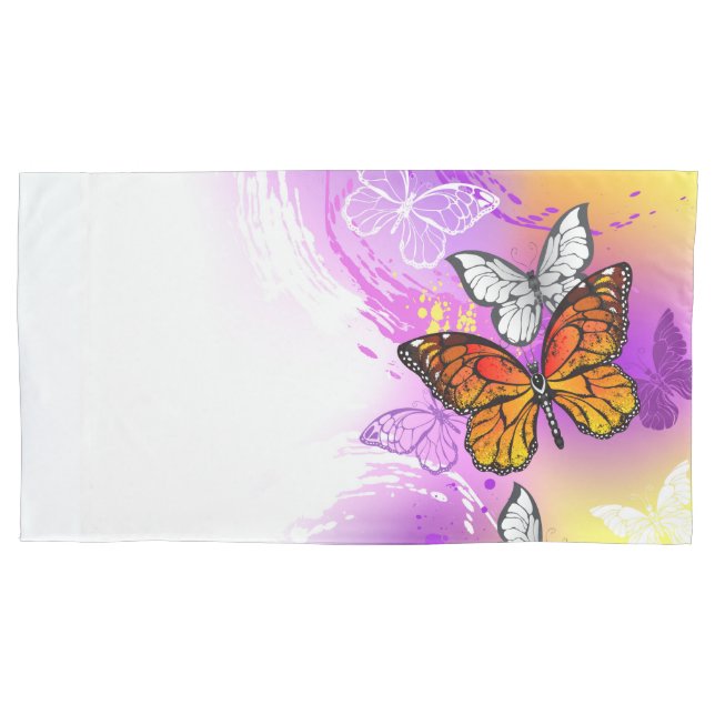 Monarch Butterflies on Purple Background Pillowcase (Front-Left)