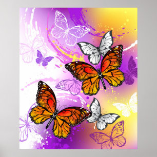 Monarch Butterflies on Purple Background Poster