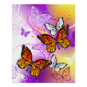 Monarch Butterflies on Purple Background Poster
