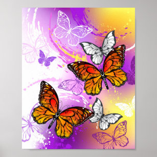 Monarch Butterflies on Purple Background Poster