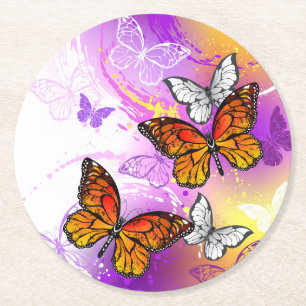 Monarch Butterflies on Purple Background Round Paper Coaster