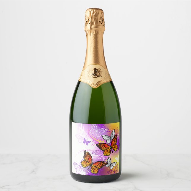 Monarch Butterflies on Purple Background Sparkling Wine Label (Front)