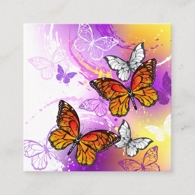 Monarch Butterflies on Purple Background Square Business Card (Front)