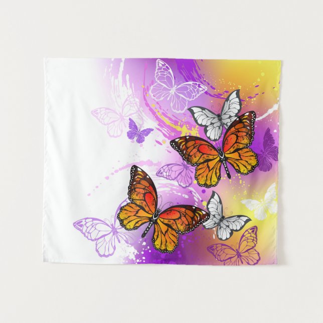 Monarch Butterflies on Purple Background Tapestry (Front (Horizontal))