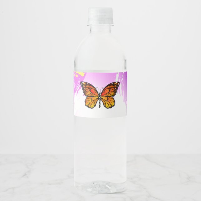 Monarch Butterflies on Purple Background Water Bottle Label (Front)