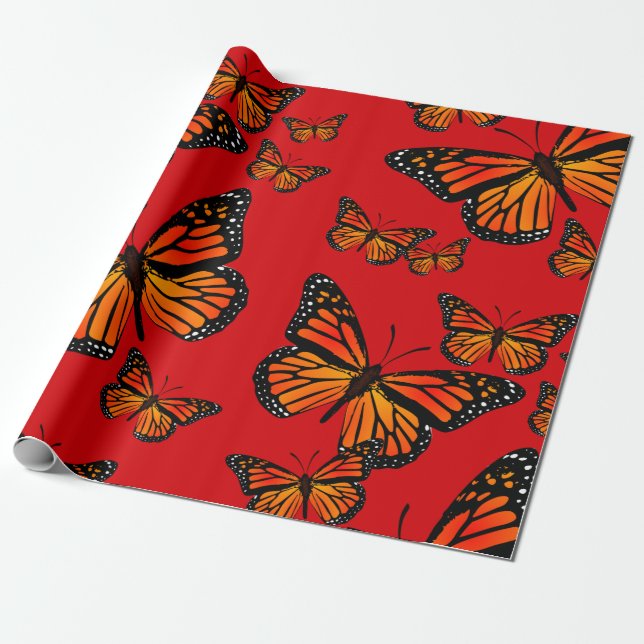 Monarch Butterflies on Red Wrapping Paper (Unrolled)