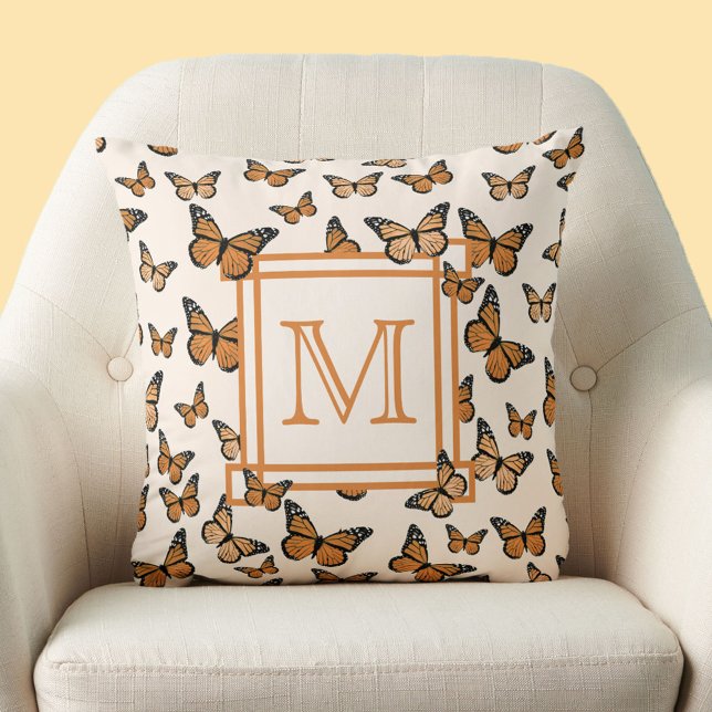 Monarch Butterflies Orange Custom Monogram Throw Pillow (Creator Uploaded)