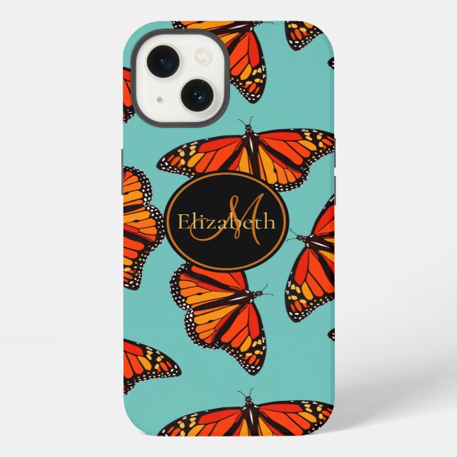 Monarch butterflies pattern light teal monogrammed iPhone case (Back)