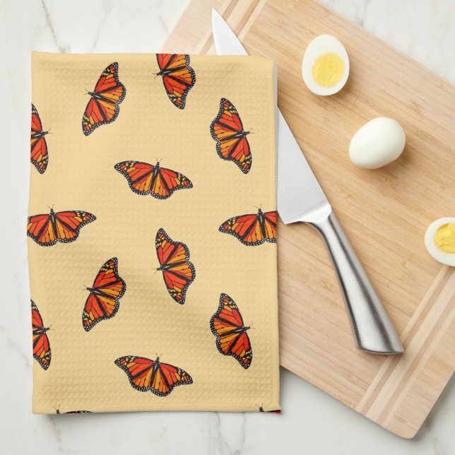 Monarch butterflies pattern pale yellow w monogram kitchen towel (Quarter Fold)