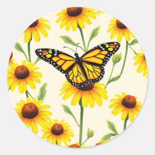 Monarch Butterflies Yellow Daisies Pattern Classic Round Sticker