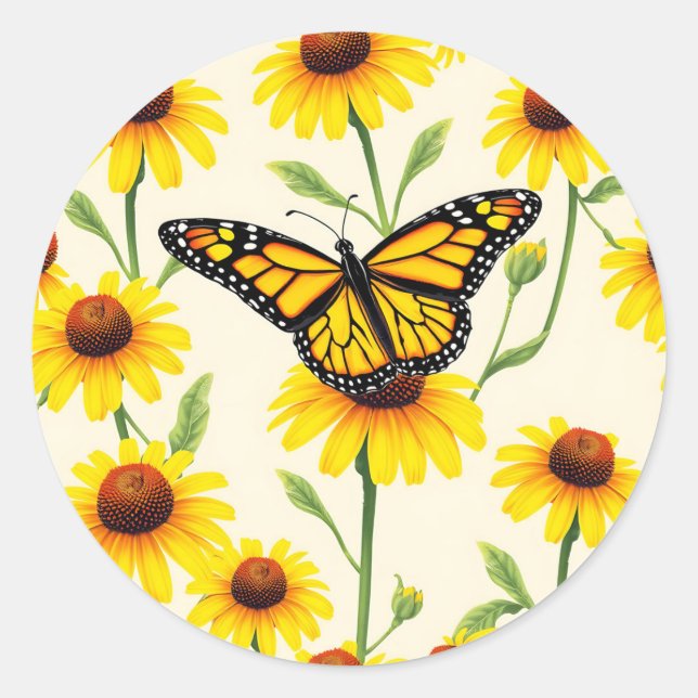 Monarch Butterflies Yellow Daisies Pattern Classic Round Sticker (Front)