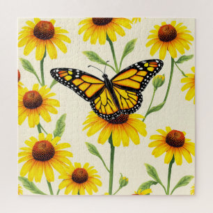 Monarch Butterflies Yellow Daisies Pattern Jigsaw Puzzle