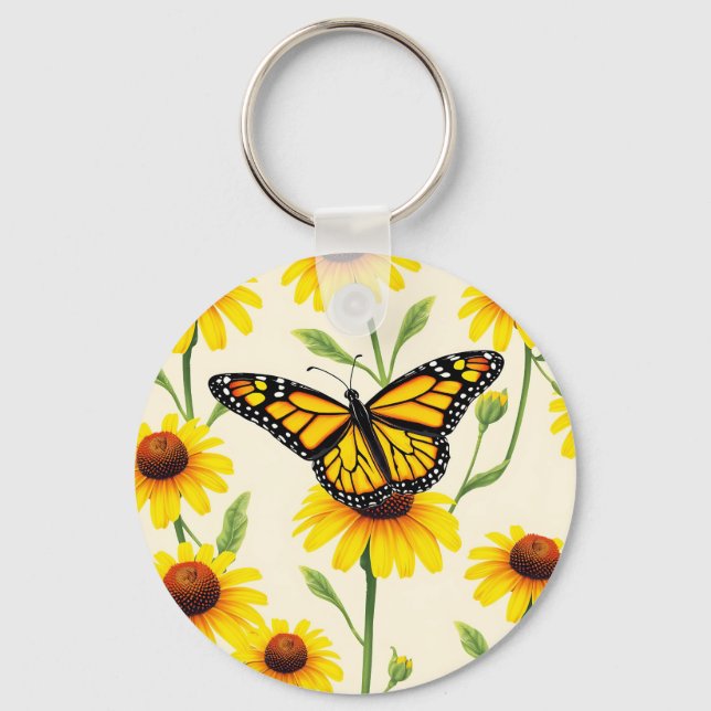 Monarch Butterflies Yellow Daisies Pattern Keychain (Front)