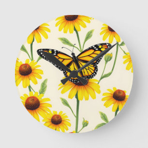 Monarch Butterflies Yellow Daisies Pattern Round Clock