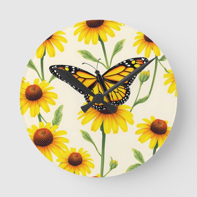 Monarch Butterflies Yellow Daisies Pattern Round Clock (Front)
