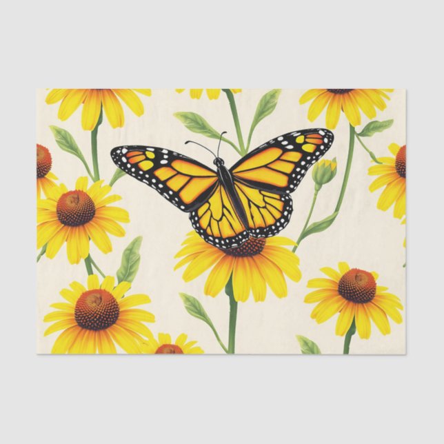 Monarch Butterflies Yellow Daisies Pattern Tissue Paper (Front)
