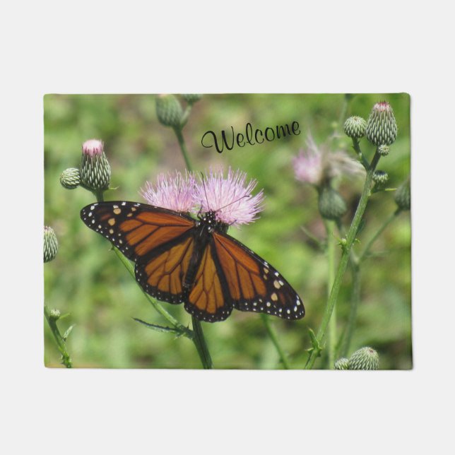 Monarch Butterfly and Pink Thistles -  Welcome  Doormat (Front)