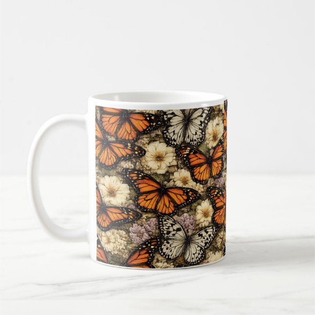 Monarch Butterfly Botanical Pattern Coffee Mug (Left)