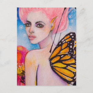 Monarch Butterfly Fairy with Pink Haiir Postcard