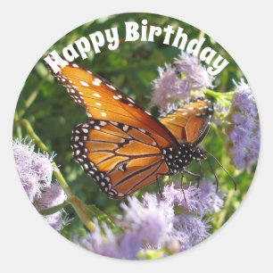 Monarch Butterfly Floral Happy Birthday Photo  Classic Round Sticker