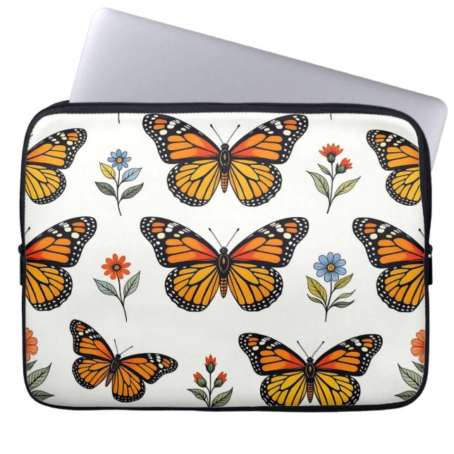 Monarch Butterfly Floral Pattern Laptop Sleeve (Front)