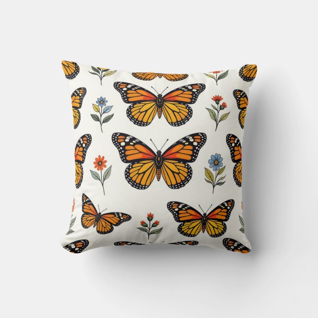 Monarch Butterfly Floral Pattern Throw Pillow (Front)