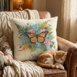 Monarch Butterfly Floral Watercolor Garden Throw Pillow