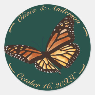 Monarch Butterfly Forest Green Fall Wedding  Classic Round Sticker