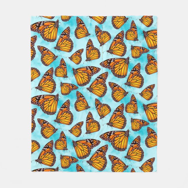 Monarch Butterfly Illustration on Clouds Fleece Blanket (Front)