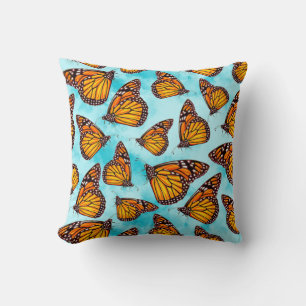 Monarch Butterfly Illustration on Clouds Throw Pillow