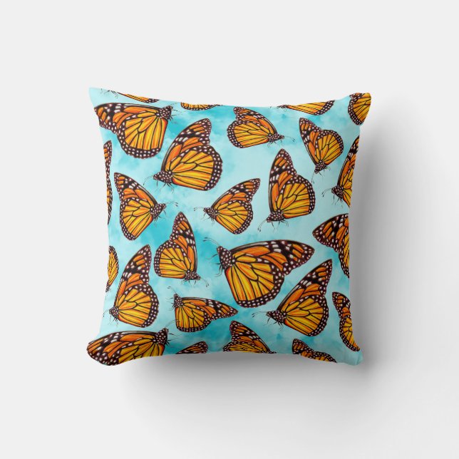 Monarch Butterfly Illustration on Clouds Throw Pillow (Front)