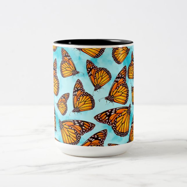 Monarch Butterfly Illustration on Clouds Two-Tone Coffee Mug (Center)