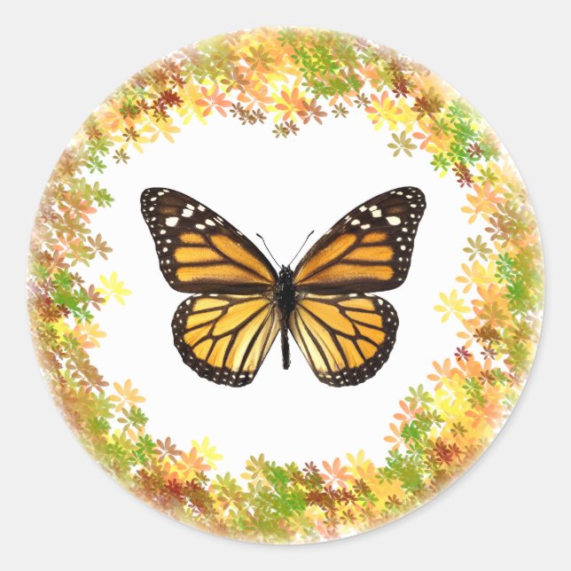 Monarch butterfly in frame of leaves classic round sticker (Front)