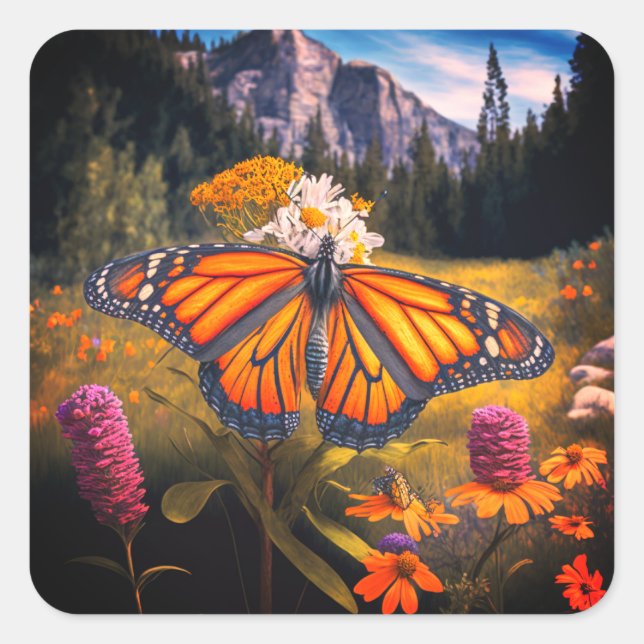 Monarch Butterfly Mountain Beautiful Meadow Nature Square Sticker (Front)