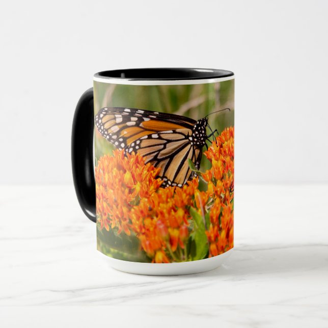Monarch Butterfly Mug, Butterfly on Milkweed Mug (Front Left)