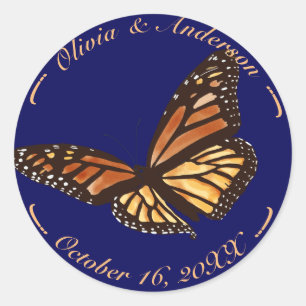 Monarch Butterfly Navy Blue Fall Wedding Classic Round Sticker