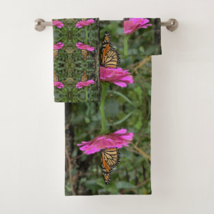 Monarch Butterfly on a Pretty Pink Zinnia Flower Bath Towel Set