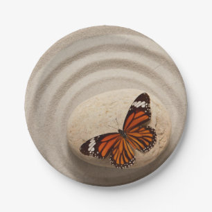Monarch Butterfly on a Stone in a Zen Garden Paper Plate