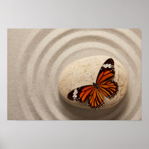 Monarch Butterfly on a Stone in a Zen Garden Poster