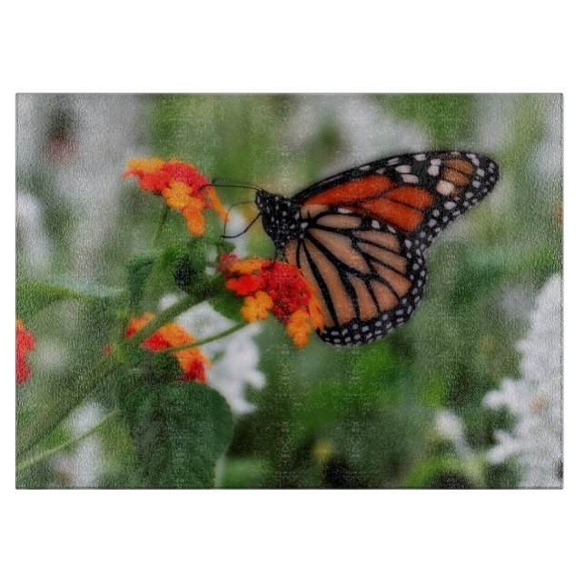 Monarch Butterfly on Orange and Red Lantana Cutting Board (Front)