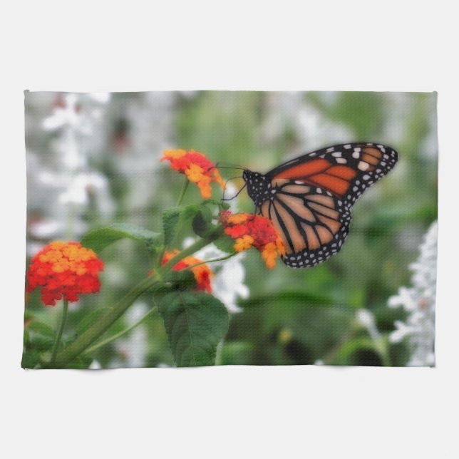 Monarch Butterfly on Orange and Red Lantana Kitchen Towel (Horizontal)