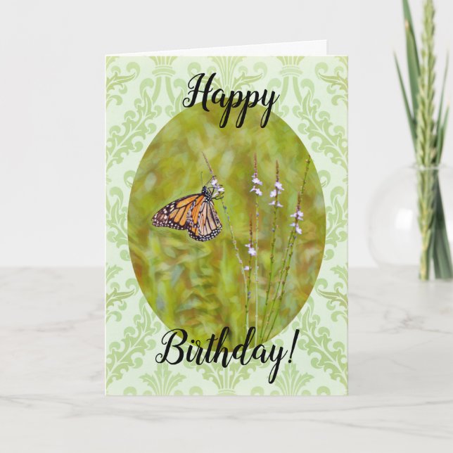 Monarch Butterfly on Pattern Birthday Card (Front)