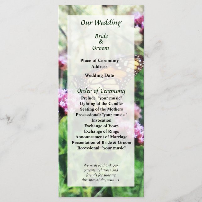 Monarch Butterfly on Pink Lantana Wedding Program (Front)