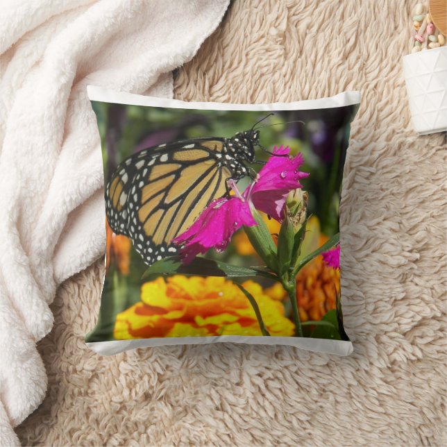 Monarch Butterfly on Pink Marigold Flower Throw Pillow (Blanket)