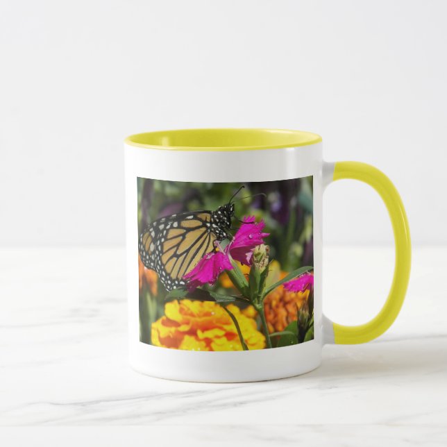 Monarch butterfly on pink marigold-mug mug (Right)