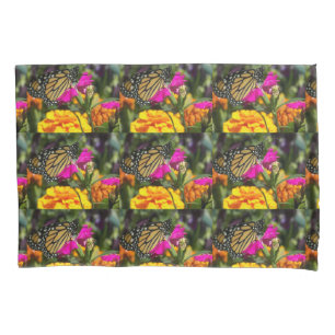 Monarch butterfly on pink marigold pillowcase